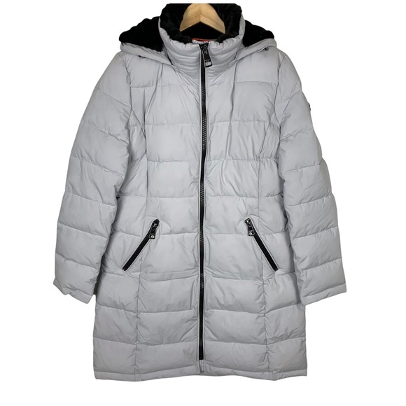 Andrew Marc Light Grey Quilted Hooded Lined Long Stretch Winter Jacket Medium - Picture 7 of 7